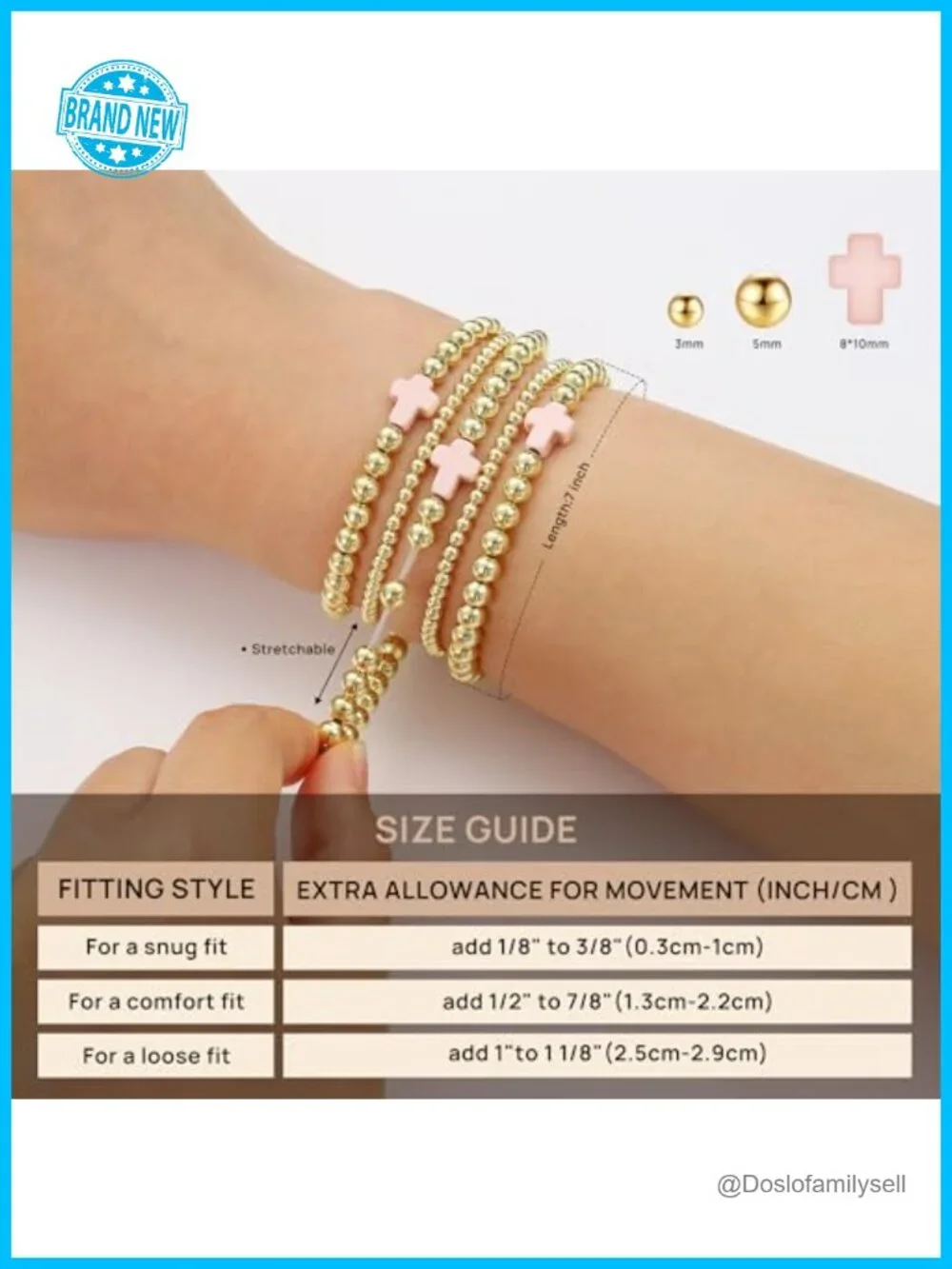 14K Gold Plated Dainty Beaded Pearl Cross Bracelet Stack 5-Piece Set Stretch